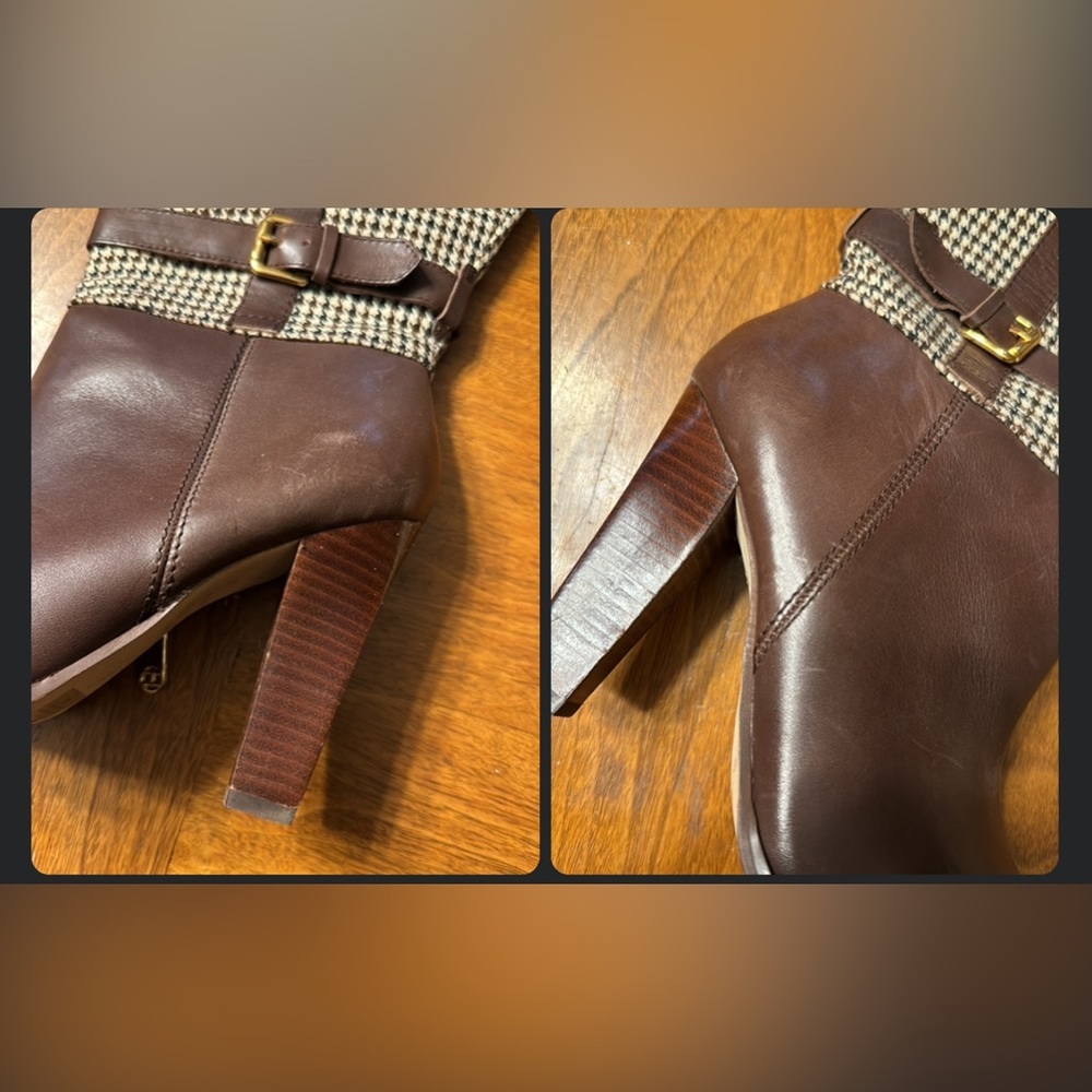 Tommy Hilfiger Frita Brown Leather Houndstooth High Block Heels Tall Boots 8 - Picture 12 of 15